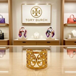 Tory Burch Shiny Gold Plated Cutout Filigree Cuff Bracelet